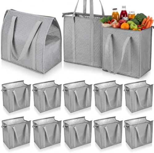 10 Pack 10 Pack Large Insulated Grocery Bag Zippered, Light Gray by Locmeo