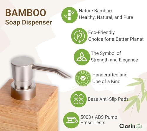 Clasin Home Bamboo Soap Dispenser with Anti-Slip Pads and Stylish Horizontal Wood Grain, Hand Dispenser for Bathroom, Kitchen, Dish, Lotion, Shampoo, Liquid Soap (7 Oz) - Image 2