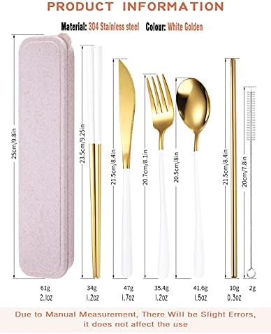 AARAINBOW 6 Pieces 18/8 Stainless Steel Flatware Set Portable Reusable Cutlery Set Travel Utensils Set Including Chopsticks Knife Fork Spoon Straws Cleaning Brush Dishwasher Safe (White golden) - Image 2