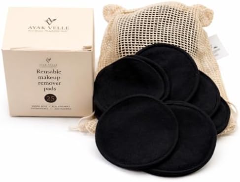 Reusable Bamboo Cotton Makeup Remover Pads, 25 Count, with Mesh Storage Bag, Washable (Black) by Unknown
