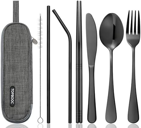 Travel Utensils Set with Case – 8-Piece Reusable Stainless Steel Camping Cutlery Set for Lunchbox, Office, School – Portable Fork Spoon Knife Chopsticks – Dishwasher Safe – Black by Topbooc