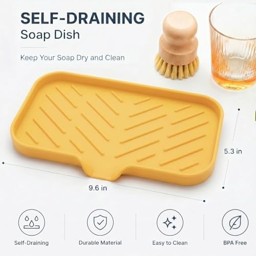 MicoYang Silicone Soap Dish with Drain Spout — Self-Draining Sink Organizer Tray for Bathroom & Kitchen, Sponges, Dispensers & Soap Holder, Non-Slip & Dishwasher Safe, Yellow (Medium, 9.6"×5.3") - Image 2