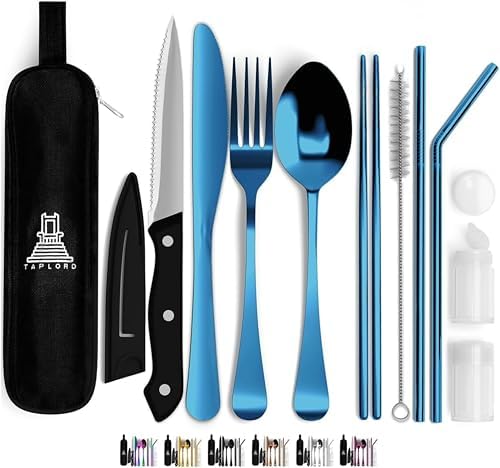 Taplord Portable Travel Silverware Set With Case, Includes 10 Pcs of Travel Utensils With Case, Stainless Steel Flatware Set For Camping, Lightweight (Blue) by Taplord