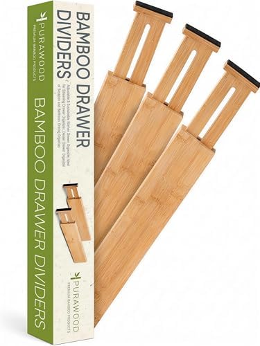 Homemaid Living Bamboo Drawer Organizer Adjustable and Expandable - Ideal Drawer Dividers for Kitchen, Dresser, Bedroom and Bathroom - Expandable Drawer Organizer Set of 4 - Water-Resistant Finish by PURAWOOD