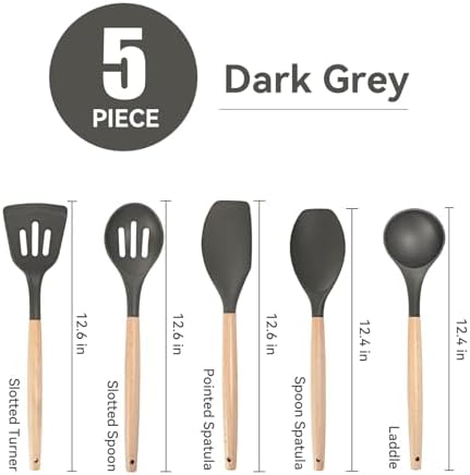 Non-Stick Silicone Cooking Utensils Set, 5 Pcs with Wooden Handle, Heat Resistant Silicone Kitchen Gadgets (Gray) - Image 3