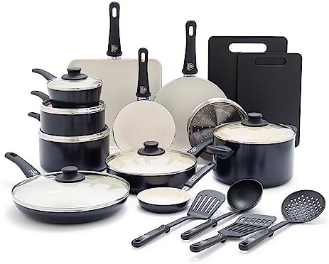 GreenLife Soft Grip Healthy Ceramic Nonstick 23 Piece Kitchen Cookware Pots and Frying Sauce Saute Pans Set with Kitchen Utensils, PFAS-Free, Dishwasher Safe, Black by GreenLife