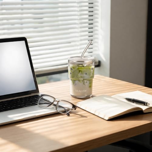 BLUEPOLAR 13oz/400ml Iced Coffee Cups with Lids and Straw，Sealed Carry On Thick Wall Glass Matcha Tumbler for Juice，Water, Late,Tea Fits Car Cup Holders for Office，Gym(Aurora White - Image 6