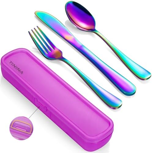 Travel Utensils with Case, 4-Piece Stainless Steel Portable Cutlery Set, Reinforced Case with Buckle Design, Lunch Box for Camping Work School, Include Fork Spoon Knife, Dishwasher Safe, Rainbow by TININA