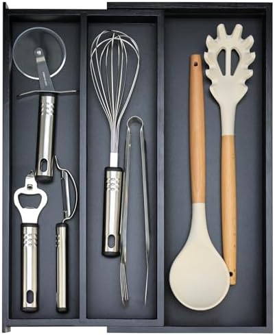 Expandable Black Bamboo Kitchen Utensils Drawer Organizer Silverware Tray by Hilislog