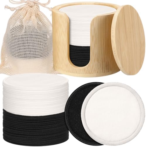 Foaincore 40 Pcs Reusable Makeup Remover Pads with Mesh Storage Bag and Bamboo Box Washable Bamboo Cotton Rounds Soft Reusable Face Pad for Toner Skin Various Skin Care Products(Black White) by Foaincore
