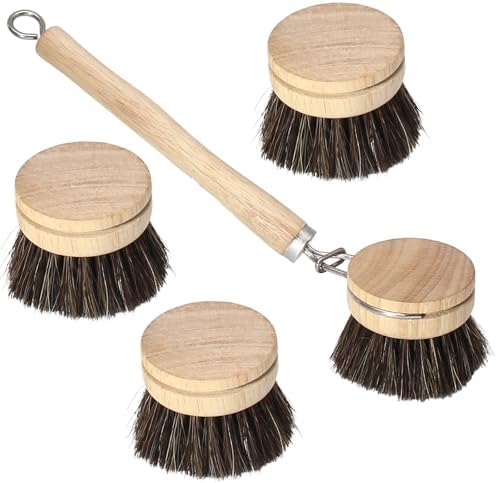 5 Pc Wood Dish Brush, 4 Horsehair Heads with 1 Handle by HARSKIYER