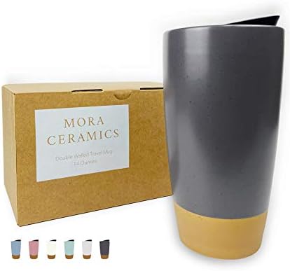 Mora Double Wall Ceramic Coffee Travel Mug with Lid, 14 oz, Portable, Microwave, Dishwasher Safe, Insulated Reusable Tall Cup, Splash Resistant Lid - To Go Tumbler for Car Cup Holder, Nightwaves by MORA
