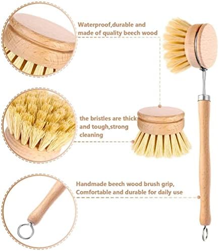 Dish Brush Bamboo Washing Brush with Long Wood Handle Replaceable Head Nylon Bristles Hanging Loop Suitable for dishwashing countertops Showers - Image 3