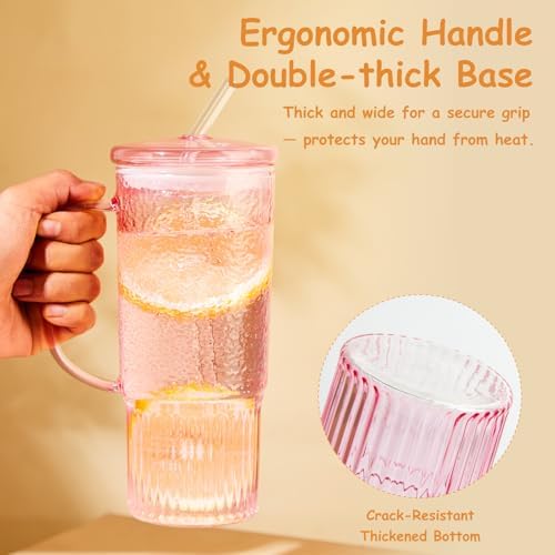 JunVpic Glass Tumbler, 24 oz Glass Cup with Lid, Straw and Handle - Image 3