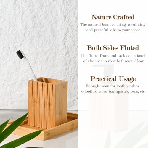 Fluted Bamboo Toothbrush Holder, Square Minimal Design - Image 2