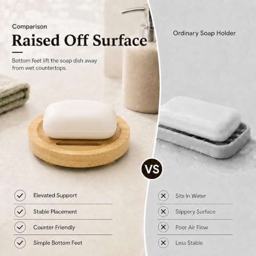 Bamboo Soap Dish for Bar Soap, Raised Wooden Holder with Drain Slots，Round Bamboo Soap Dish - Image 6