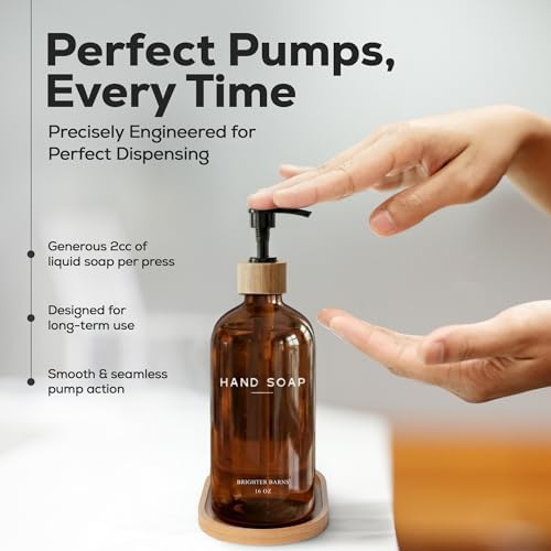 Amber Glass Hand and Dish Soap Dispenser Set by Brighter Barns - Kitchen Soap Dispenser Set with Tray - Bamboo Pump Bottles for Kitchen Sink - Modern Home Decor, Neutral Decor for Airbnb, Gift (Amber) - Image 4