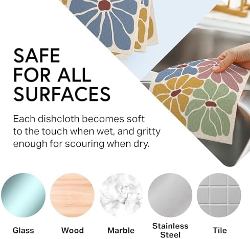 Swedish Wholesale Dishcloths Reusable 8" x 7" Sponge Cloths, Bulk 10 Pack of High Absorbent Cellulose Dish & Kitchen Cleaning Hand Towels, Wring to Dry & Machine Wash, Odor Resistant, Retro Flower - Image 3