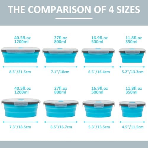 Collapsible Silicone Food Storage Containers Set with Lid & Air Vent, Foldable Lunch Containers, 8 Pack (4 Rectangular + 4 Round Bowls), BPA-Free, Space-Saving - Image 6