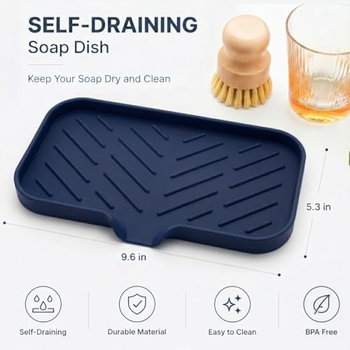 MicoYang Silicone Soap Dish with Drain Spout — Self-Draining Sink Organizer Tray for Bathroom & Kitchen, Sponges, Dispensers & Soap Holder, Non-Slip & Dishwasher Safe, Navy Blue (Medium, 9.6"×5.3") - Image 2