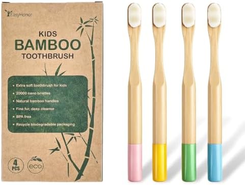 EasyHonor 4 Pack Kids Bamboo Toothbrush, Extra Soft Toothbrush for Kids by EasyHonor