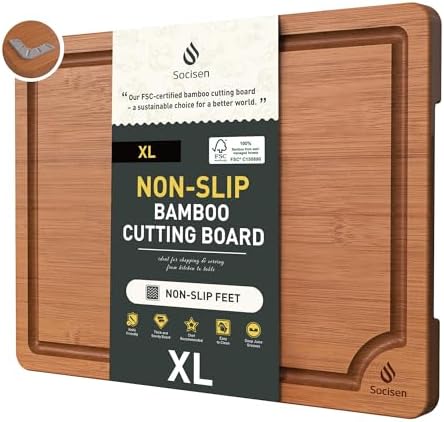 Extra Large Bamboo Cutting Board with Non Slip Feet and Over Sink Butcher Block Chopping Board Wooden Cutting Boards Solid Thick Juice Groove Big Xl XXl xlarge Kitchen Counter Organic Meat BBQ Kit by Socisen