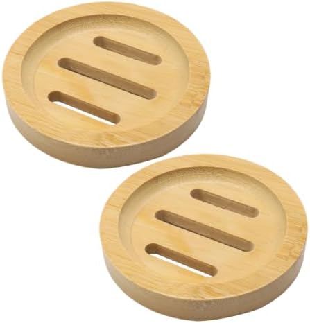 2 Pack Round Bamboo Wooden Soap Dishes, Shampoo Bar Holder with Self Draining Tray, Travel Soap Saver Case for Bathroom Kitchen Sink by Unknown