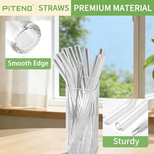 Piteno® 12Pcs Glass Straws with 4Pcs Brushes, Reusable Clear Glass Drinking Straws, 8.5''x10MM, Set of 6 Straight and 6 Bent with 4 Cleaning Brushes, Perfect for Smoothies, Milkshakes, Juice, Tea - Image 3