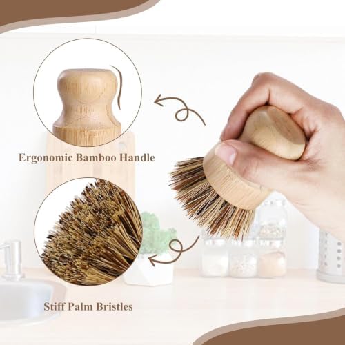 Bamboo Dish Brush Set, 4 Pack Kitchen Palm Pot Brush with Union Fiber - Image 4