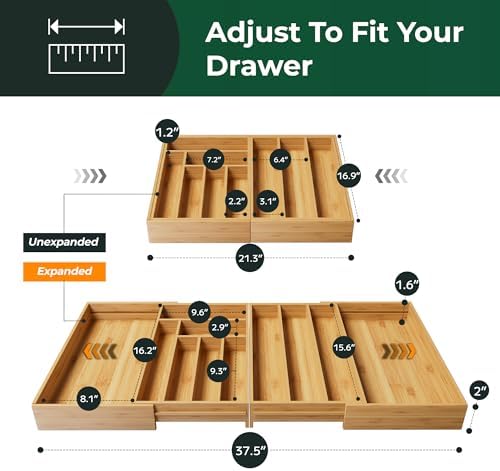 Large Silverware Organizer, 11 Slots Magnetic Connected Expandable Acacia Wood Utensil Drawer Organizer From 21 to 37.4 Inches, Adjustable Flatware and Cutlery Holder, Utensil Tray for Kitchen - Image 2