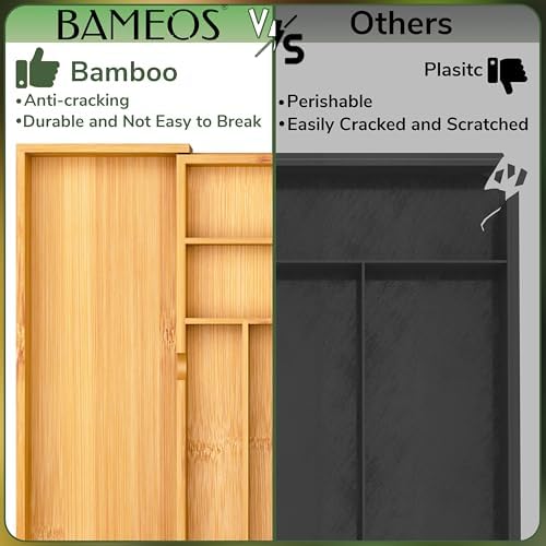 BAMEOS drawer organizer flatware organizer cutlery tray silverware organizer expandable adjustable bamboo drawer organizer kitchen bathroom - Image 4