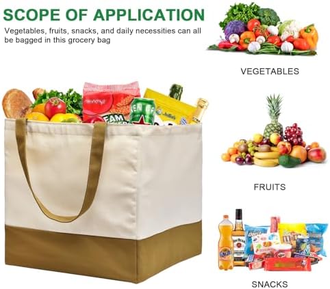 3 Pack Canvas Reusable Grocery Bags Heavy Duty, 8.3 gal Foldable Large Tote Bag with Handles, Holds 60 lbs Canvas Shopping Bags & Washable Eco-friendly Bags with 5 Pockets, camel+Off white - Image 3