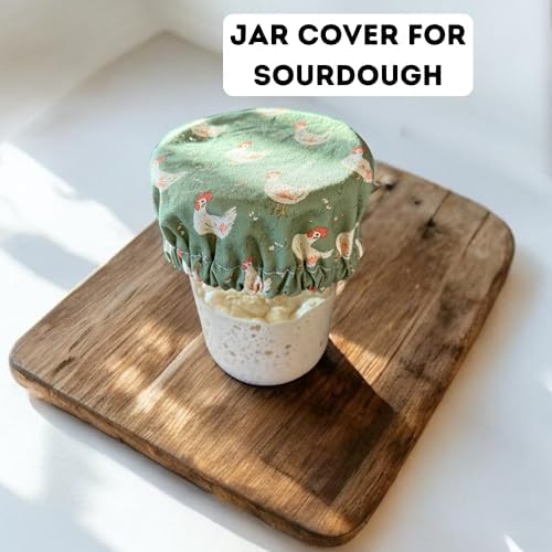 (4-Pack) Sourdough Reuseable Jar & Bowl Covers | Cute Baking Gift | 100% Cotton | Washable | Bread Proofing | Kitchen Food Storage Gifting | Starter Cover Lid Kit (Chickens) - Image 5