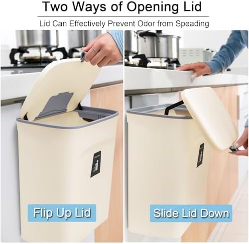 Tiyafuro 2.4 Gallon Kitchen Compost Bin for Counter Top or Under Sink, Hanging Small Trash Can with Lid for Cupboard/Bathroom/Bedroom/Office/Camping, Mountable Indoor Compost Bucket, Beige - Image 3