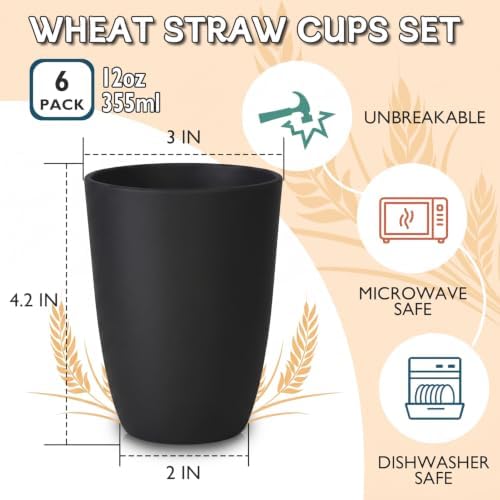 Wrova Wheat Straw Cups 6 PCS Good Alternative to Plastic Reusable Cups 12 oz Unbreakable Drinking Cup Reusable Dishwasher Safe Water Plastic Glasses Black - Image 2