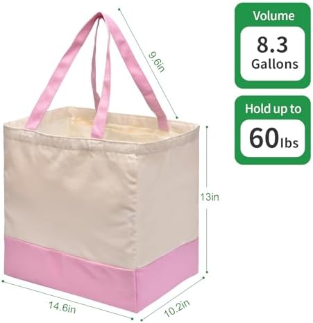 3 Pack Canvas Reusable Grocery Bags Heavy Duty, 8.3 gal Foldable Large Tote Bag with Handles, Holds 60 lbs Canvas Shopping Bags & Washable Eco-friendly Bags with 5 Pockets, Pink+Off white - Image 6