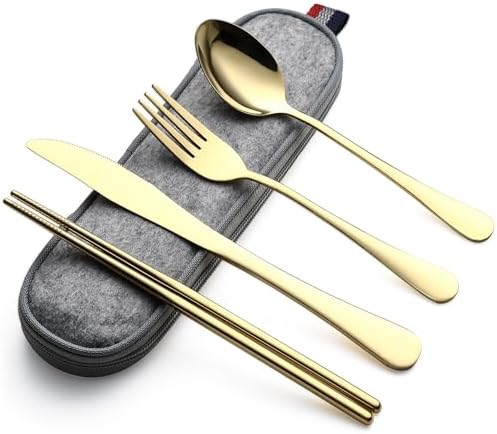 DEVICO Travel Utensils with Case, 5 Piece Portable Silverware Set for Work by DEVICO