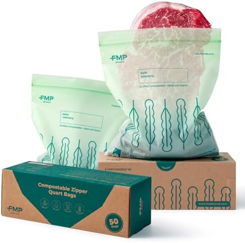 Fit Meal Prep 50 Pack 100% Compostable Food Storage Bags, 7 x 8" Resealable Freezer Bags Quart Size for Meat, Fruits, Plant-Based Sandwich Bag, ASTM D6400, US BPI & EU OK Compost Certified by FMPBRANDS