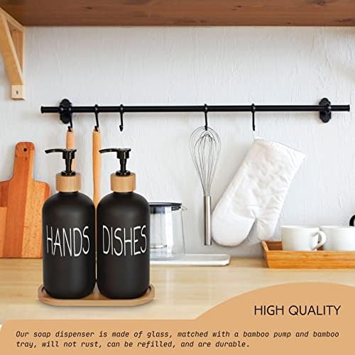 Glass Soap Dispenser Set. Hand and Dish with Bamboo Tray. Vintage Pump for Kitchen Drain Outlet Bathroom. Stylish Permanent Labels (Matte Black) - Image 4