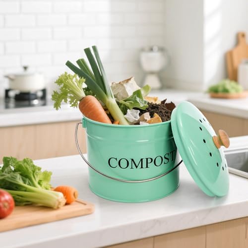 AVLA Kitchen Compost Bin, 1 Gallon Countertop Food Waste Container, Odorless Composter Bucket with Lid and Charcoal Filter, Indoor Metal Composting Pail, Mint Green - Image 7
