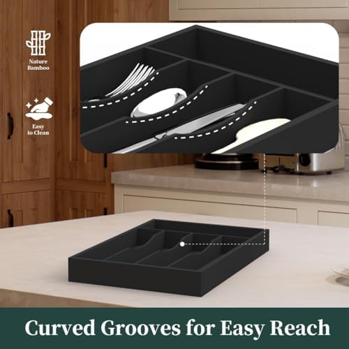 Bamboo Kitchen Sliverware Drawer Organizer (Black, 9.5''W x 13.5''D) - Image 4