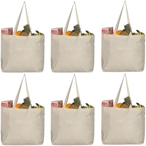 Greenmile 6 Pack Canvas Reusable Grocery Bags - Cotton Canvas Grocery Bag Cloth Shopping Tote With Long Handles Bulk - Heavy Duty Grocery Tote Bag - Large, Foldable and Lightweight - Capacity 40 lbs by Greenmile
