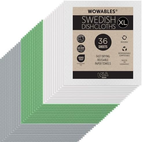 LOLA Swedish Dishcloths for Kitchen XL, 36 3x12 Sheet Rolls, Biodegradable, Compostable, Reusable Paper Towel Cleaning Cloths, 11" x 10" No Odor Washing Dishes, Ultra Absorbent Cellulose Sponge Towel by LolaProducts