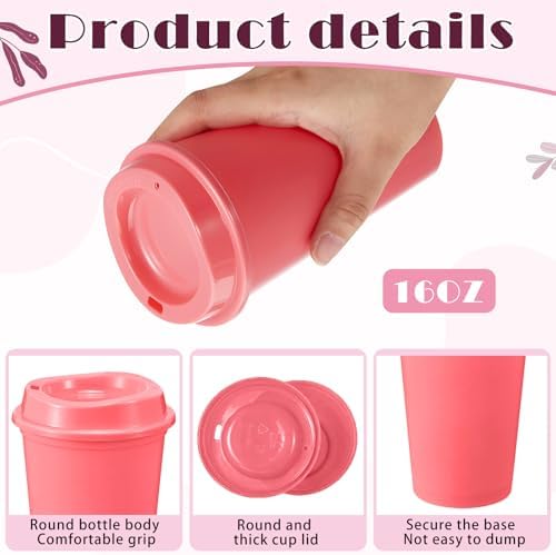 FillTouch 12 Pcs 16 oz Reusable Coffee Cups with Lids, Pink Gradient - Image 3