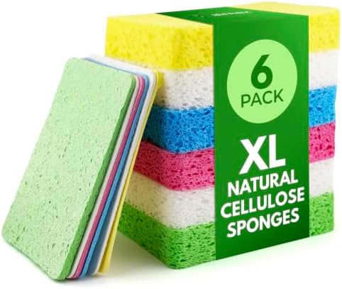 AIRNEX XL Compressed Cellulose Sponges - 6 Pack Large Natural Pop Up Dish Sponge for Kitchen - Compostable Plant-Based Cleaning Sponges Bulk – Non Scratch Big Sponges for Dishes & Household Cleaning by Airnex