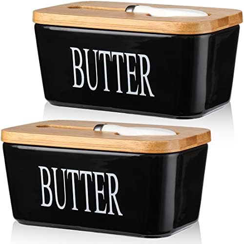 Ceramic Butter Dish with Lid and Knife & Silicone Seal 400ml 2 Pack Black by AISBUGUR