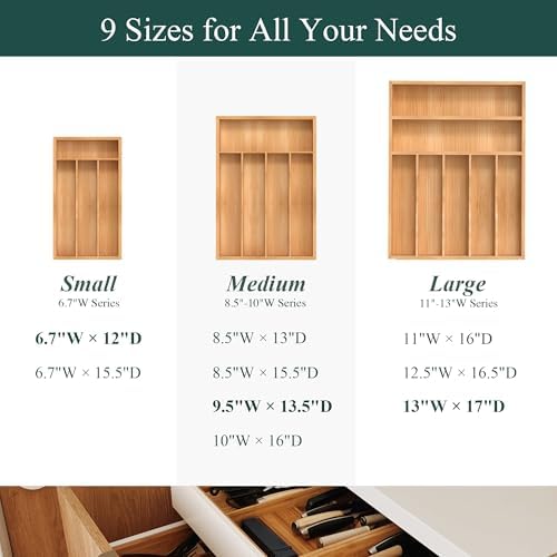 Bamboo Silverware Organizer, Kitchen Drawer Organizer, Utensil Holder, Cutlery Tray & Spoon Flatware Storage with Grooved Drawer Dividers (9.5''W x 13.5''D) - Image 3