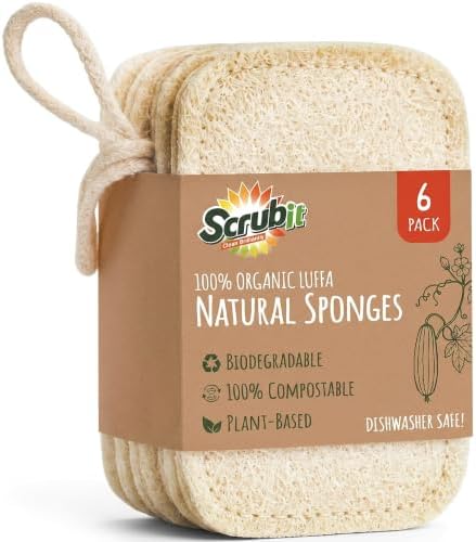 Natural Loofah Dish Sponge 6-Pack Biodegradable Sponges for Kitchen by SCRUBIT