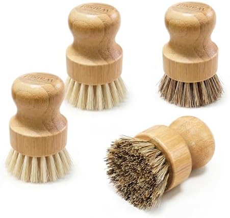 Bamboo Dish Brush Set, 4 Pack, Plastic-Free (2 Medium Sisal, 2 Firm Coconut Coir), Dish Scrubber & Vegetable Brush for Cast Iron, Nonstick by Waisul