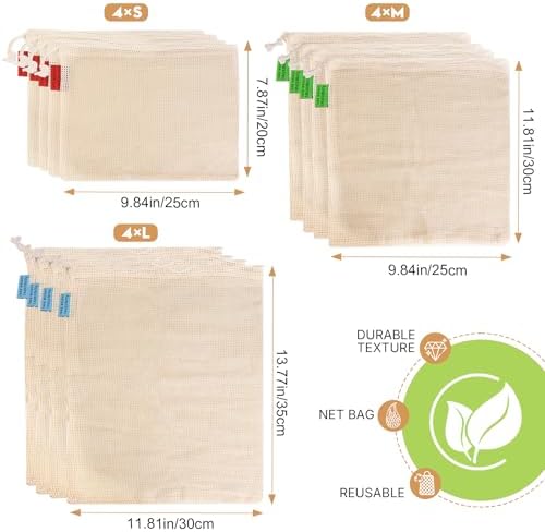 Ycsst 12 Pack Reusable Cotton Mesh Produce Bags - 100% Organic Cotton - Produce Bag - Double-Stitched - With Drawstring Produce Bag For Vegetables,Fruit & Grocery Shopping,4xS, 4xM, 4xL. - Image 2